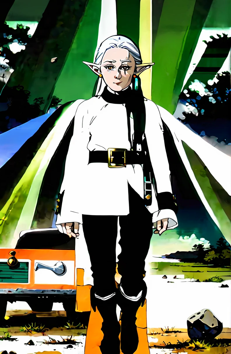 incredible quality, ultra detaild, work of art, movie poster.
1 imposing, confident and powerful adult woman, freeze, elf ears, gray hair, cabelo twintails, greeneyes, make-up, black mascara, ombre, Red Earrings, White jacket with buttons and dark yellow details, Striped shirt with black horizontal stripes, black belt, belt buckle, white skirt with dark yellow details to the knee, black pantyhose, brown boots, walking on a dirt road with small loose stones and in the background a green field with flowers, extremely detaild, 