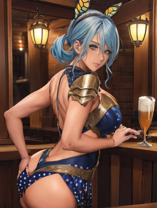 (masterpiece, best quality), looking back,A group of female adventurers set in a medieval fantasy world.3people,Dancer、 (At the pub), Mr..々Hairstyle, Harem, night, detailed aspects, polka dots good, Very short pleated mini skirt with embroidery pattern, Seduce, Sleeveless, armor 、Shoulder Armor、show off butterfly micro panties:1.25、Big Breasts、Big Ass、Wide waist、Pull up their skirts