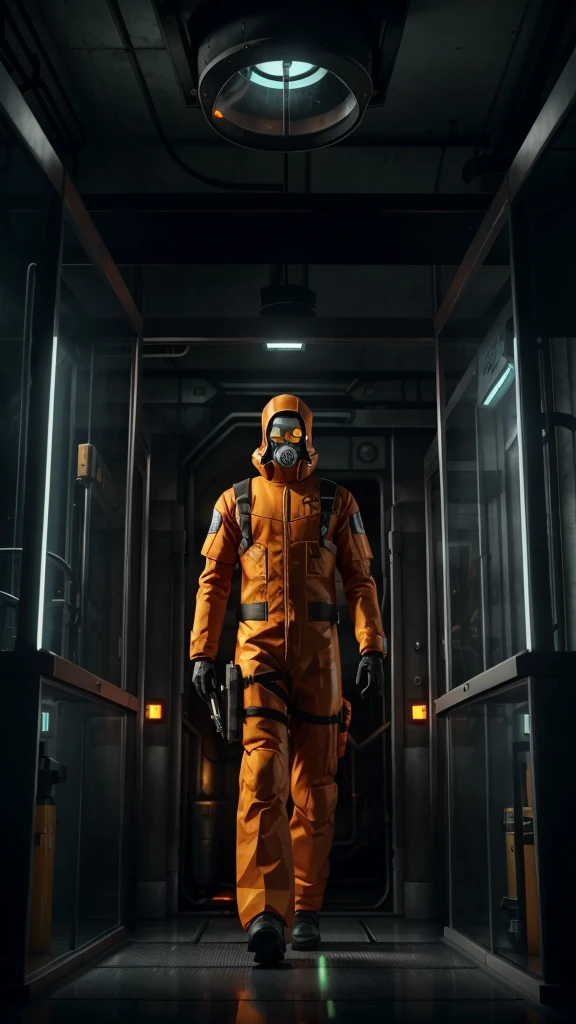 a man hold gun wearing an orange jumpsuit standing in front of a glass cage inside is an experimental monster, Strange creature in a futuristic chemical laboratory, a single man wearing a hazmat suit, he being in the alchemist's lab, half-life 3 ( 2 0 2 6 ), future lab 2099, aperture science test chamber, smoke, hazmat suit, still from the movie half-life, the dead and two robots in the void. Images of radioactive symbols are everywhere. Virus biology experiment. A radiation symbol on a white background, radioactive particles, nuclear waste, people. radiation logo. Monster aliens.