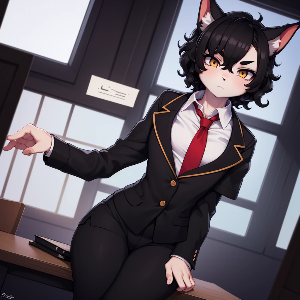 (masterpiece), (best quality), (high res) (solo), (perfect anatomy) (perfect face), wolf and sheep hybrid, (black hair), (black wool), (curly short hair), fair skin, ambiguous gender, (1boy1girl), flat chest, wide hips, thick thighs, (school uniform) (black pants), (black jacket with red lights), (white shirt), yellow glowing in the dark eyes, serious, androgynous, (long eyebrows), in a school room, distracted, seated, looking at a window, ignoring the viewer
