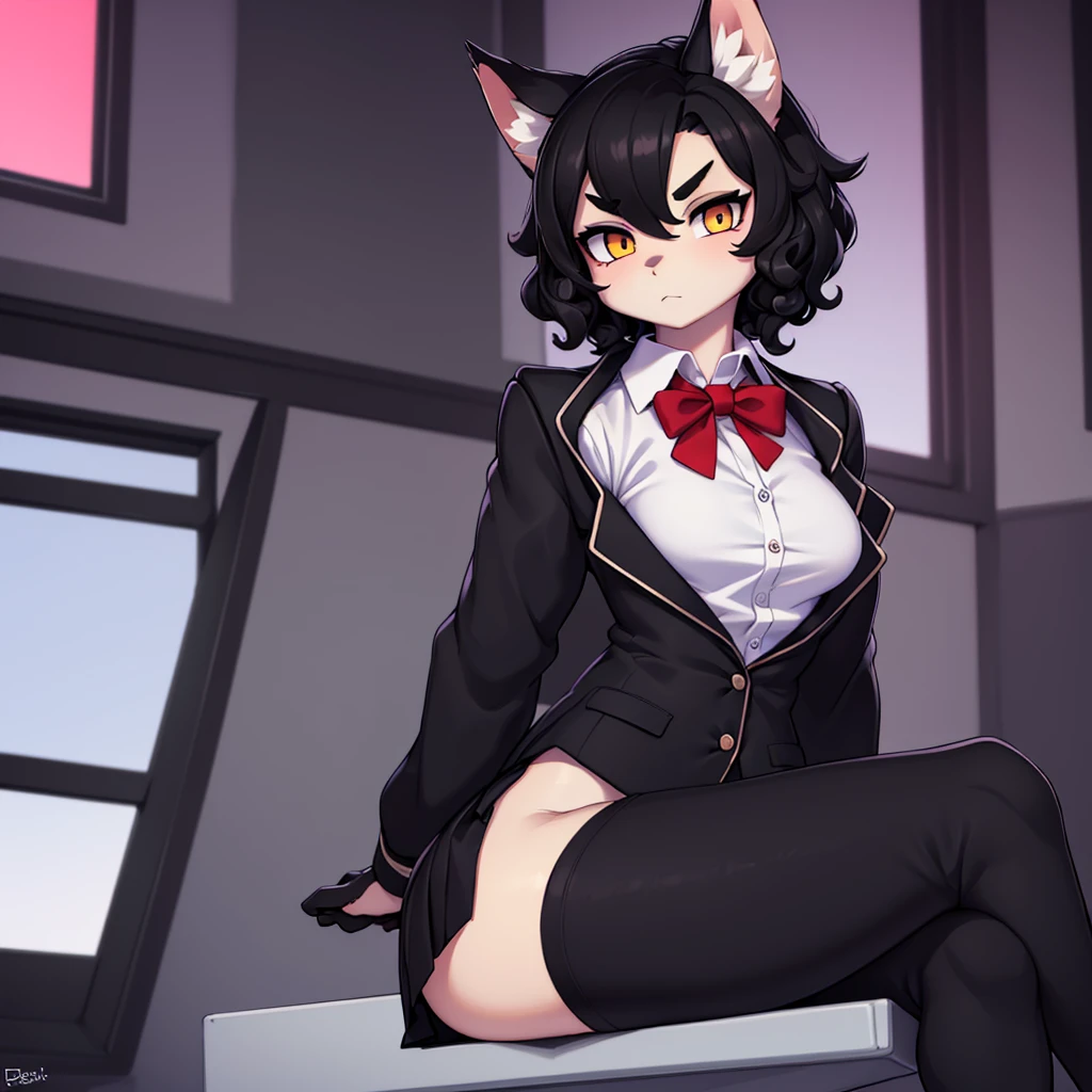 (masterpiece), (best quality), (high res) (solo), (perfect anatomy) (perfect face), wolf and sheep hybrid, (black hair), (black wool), (curly short hair), fair skin, ambiguous gender, (1boy1girl), flat chest, wide hips, thick thighs, (school uniform) (black pants), (black jacket with red lights), (white shirt), yellow glowing in the dark eyes, serious, androgynous, (long eyebrows), in a school room, distracted, seated, looking at a window, ignoring the viewer