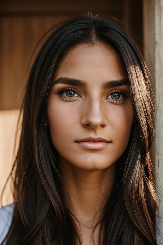 A lady with a big nose and a pimple in the middle of her nose and a little dark, and who also has long hair and pretty eyes.