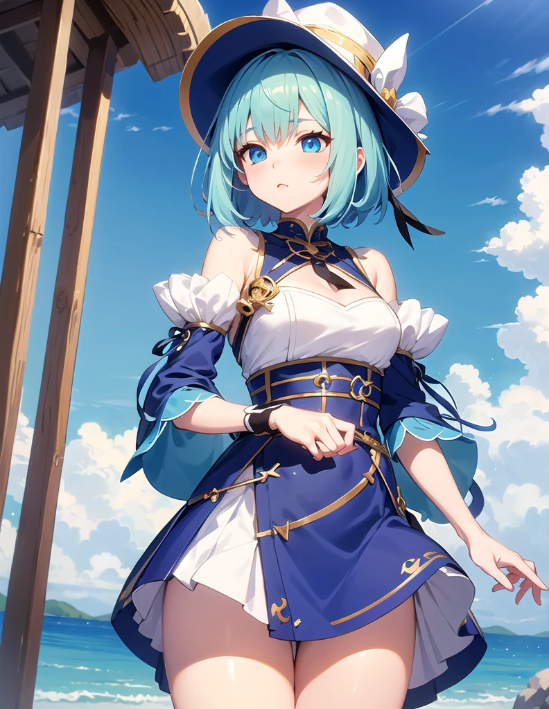 Anime character wearing blue and white clothes and hat, Azur route style, Kushat Krenz Key Women in Art, Blue Lane Anime Girl, Anime Goddess, Popular on artstation pixiv, pretty anime character design, Extremely detailed Artgerm, I will deny this, Cute anime girl in a beautiful skirt, White-haired deity
