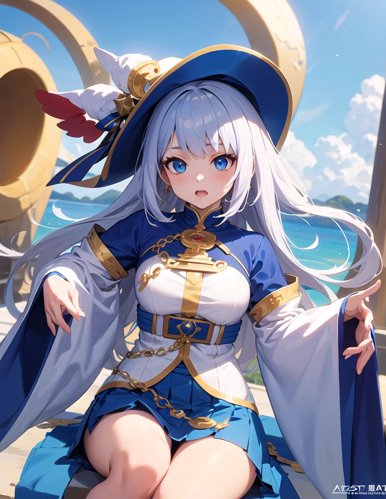 Anime character wearing blue and white clothes and hat, Azur route style, Kushat Krenz Key Women in Art, Blue Lane Anime Girl, Anime Goddess, Popular on artstation pixiv, pretty anime character design, Extremely detailed Artgerm, I will deny this, Cute anime girl in a beautiful skirt, White-haired deity
