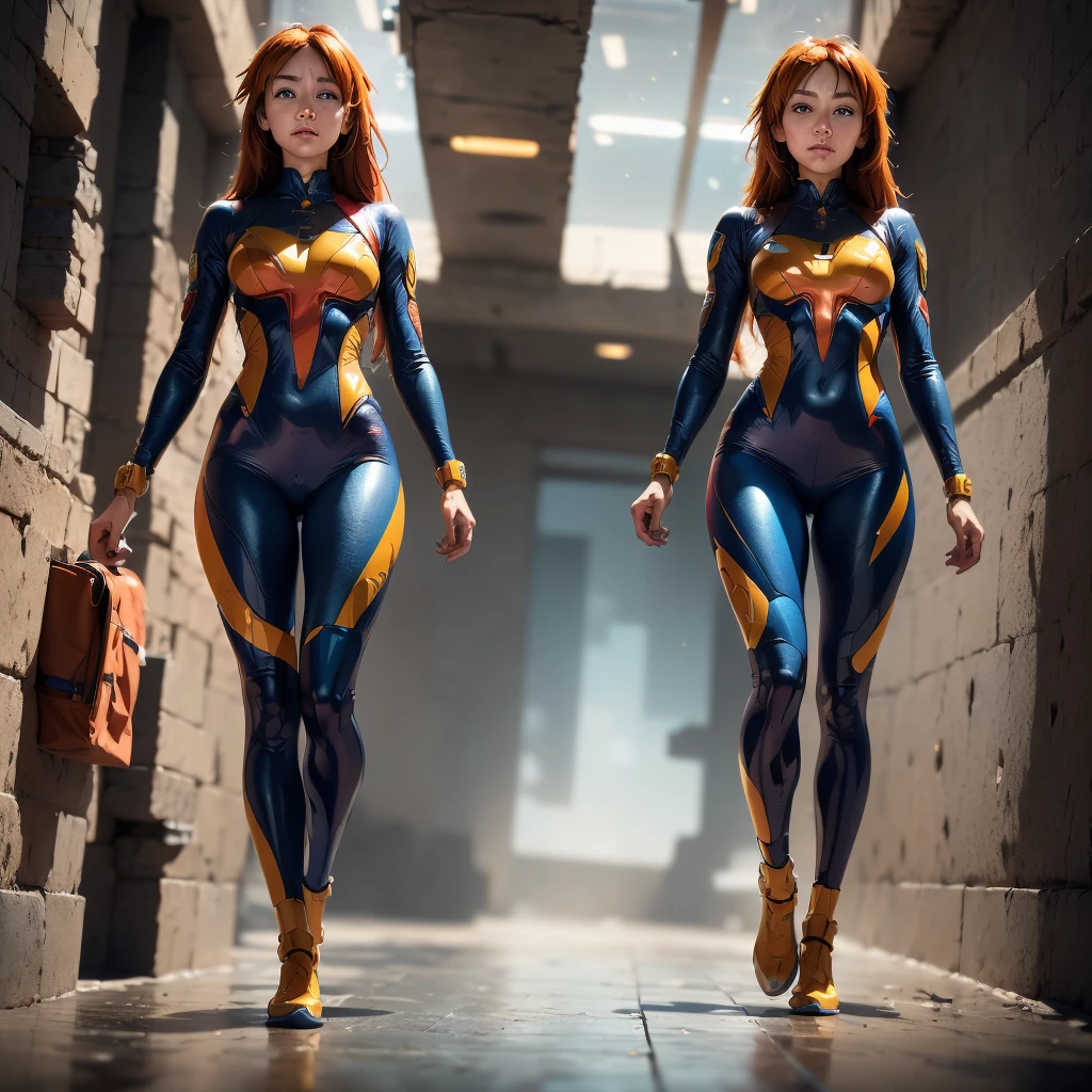 ((Full body photo, standing, feet on the floor)) (masterpiece, best quality, highres:1.2), (photorealistic:1.2), (film grain:1.3), (morbid light:1.2), (dynamic angle), raw photo, (Asuka Langley), young, cute, very slim, skinny, in high detailed Evangelion textured red suit, (ultra-detailed body), (light smile:0.8), moonlight passing through hair, (random beautiful background:1.3), (sharp), exposure blend, bokeh, dim light, (hdr:1.4), high contrast, (muted colors, dim colors, soothing tones:1.3), low saturation, morbid