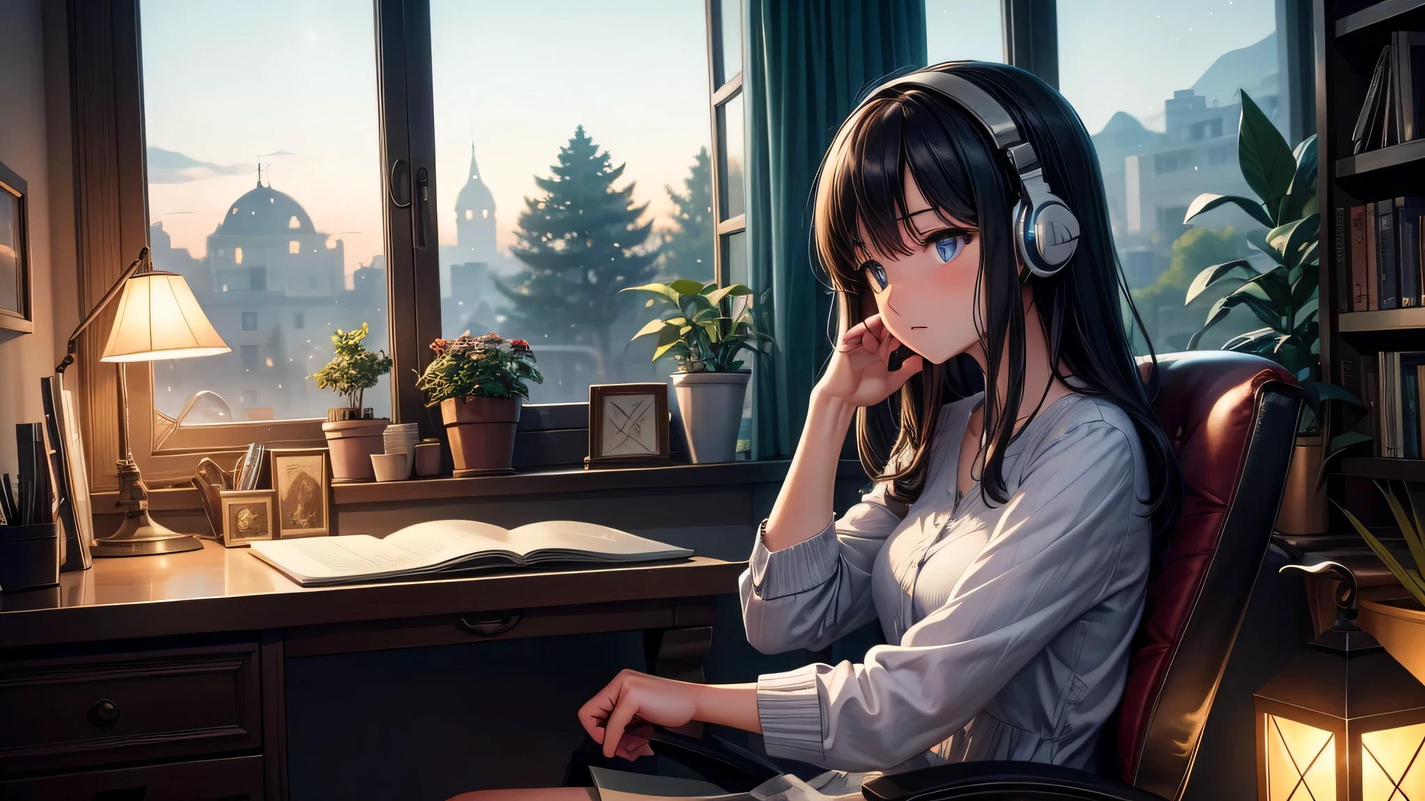 Generate an image of a beautiful girl at night, seated by a window, focused at her desk with headphones on, typing on a PC. The scene should have a gentle anime-like style with an aspect ratio of 16:9. Capture the serene atmosphere of nighttime with soft, ambient lighting from the window. Include subtle details like stars outside and a cozy, softly lit room with books and plants in the background.
