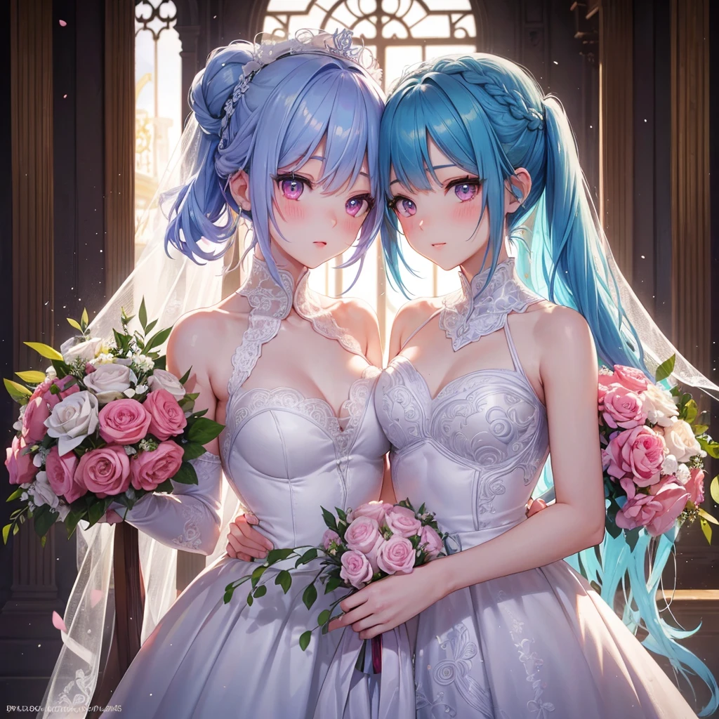 Sky blue hair, (Braided Ponytail),(Pink Eyes),Fair skin ,(whole body),(1 Girl),bride,blush,Straight bangs, 6月のbride,Wedding dress,(masterpiece, Highest quality, Very detailed, Best Shadow), (Detailed Background), (Beautifully detailed face), High Contrast, (Best lighting, Very delicate and beautiful), ((Cinematic Light)), colorful, Hyper Detail, Dramatic Light, Intricate details,Wedding hall,Bouquet of roses