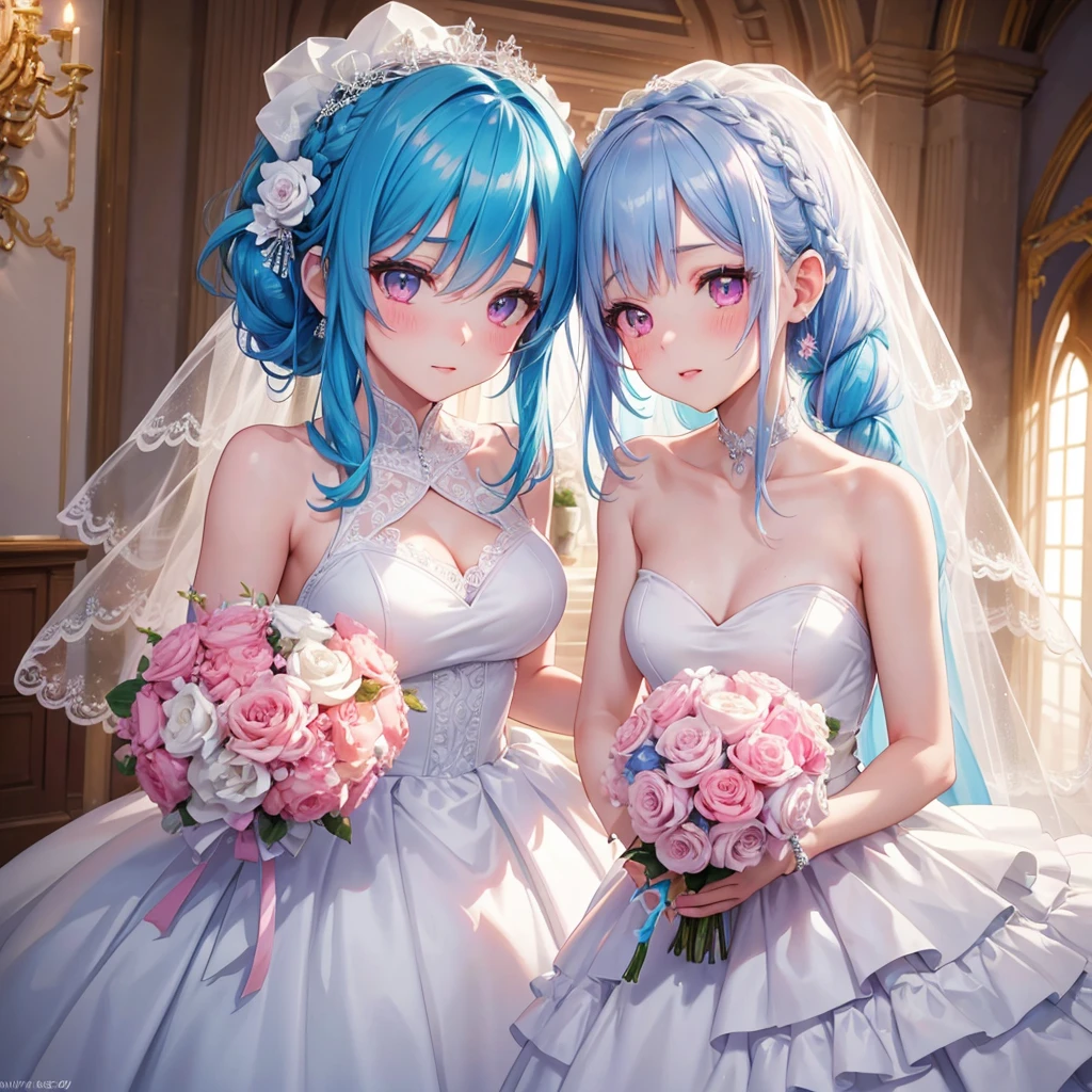 Sky blue hair, (Braided Ponytail),(Pink Eyes),Fair skin ,(whole body),(1 Girl),bride,blush,Straight bangs, 6月のbride,Wedding dress,(masterpiece, Highest quality, Very detailed, Best Shadow), (Detailed Background), (Beautifully detailed face), High Contrast, (Best lighting, Very delicate and beautiful), ((Cinematic Light)), colorful, Hyper Detail, Dramatic Light, Intricate details,Wedding hall,Bouquet of roses