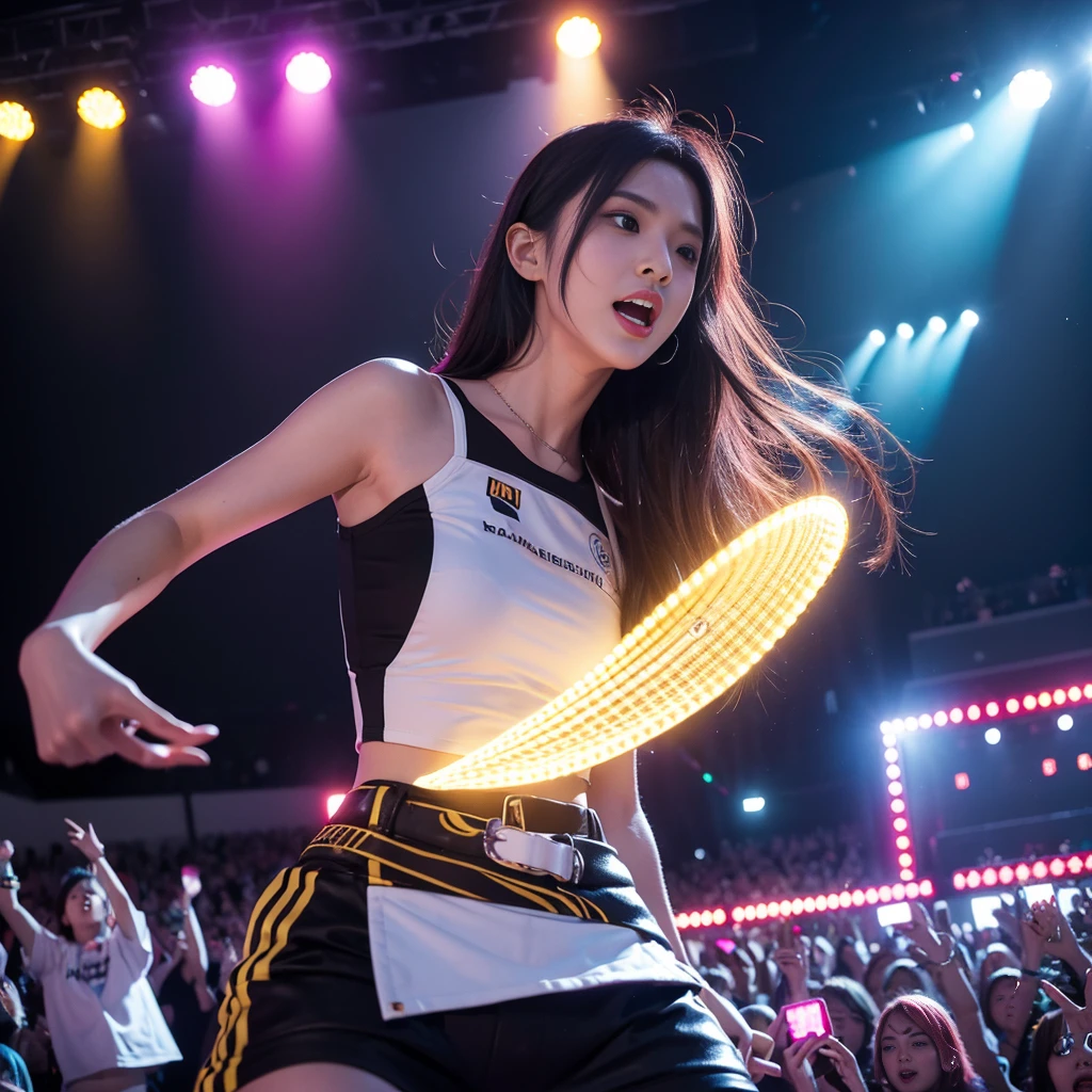 K-pop 3 idols performing on stage, black short tight dresses, song performance, Kpop girl group, riotous atmosphere, stage above the hall, (best quality, 8k, 16k, highres, masterpiece:1.2), ultra-detailed, (realistic, photorealistic, photo-realistic:1.37), professional, (music:1.1, performance:1.1), dynamic lighting, (moving lights:1.1, spotlights:1.1), energetic performance, powerful vocals, enthusiastic audience, dazzling stage effects, high-energy atmosphere, (excitement, adrenaline:1.1), charismatic lead vocalist, flawless stage presence, passionate performance, vibrant stage background, (cheering audience:1.1, waving light sticks:1.1), electrifying atmosphere, captivating stage presence, (explosive, high-intensity:1.1), (pop music, catchy melodies:1.1), crowd interaction, (empowering lyrics, motivational messages:1.1).