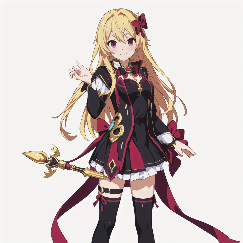 Highest quality, high resolution, High quality anime art style, Official Art, Smooth anime CG art, Stylized anime, Cute 3D anime girl render, Visual Novel Sprites, White background, whole body, Anime-style 3D, Smooth anime CG art, humanoid woman, JRPG Characters, Magical Girl Style, Anime woman in a black dress with maroon ribbon, Blonde, Long Hair, smile, Holding an ornate magic wand in his right hand, Small Bust, Small breasts, 15 years old,