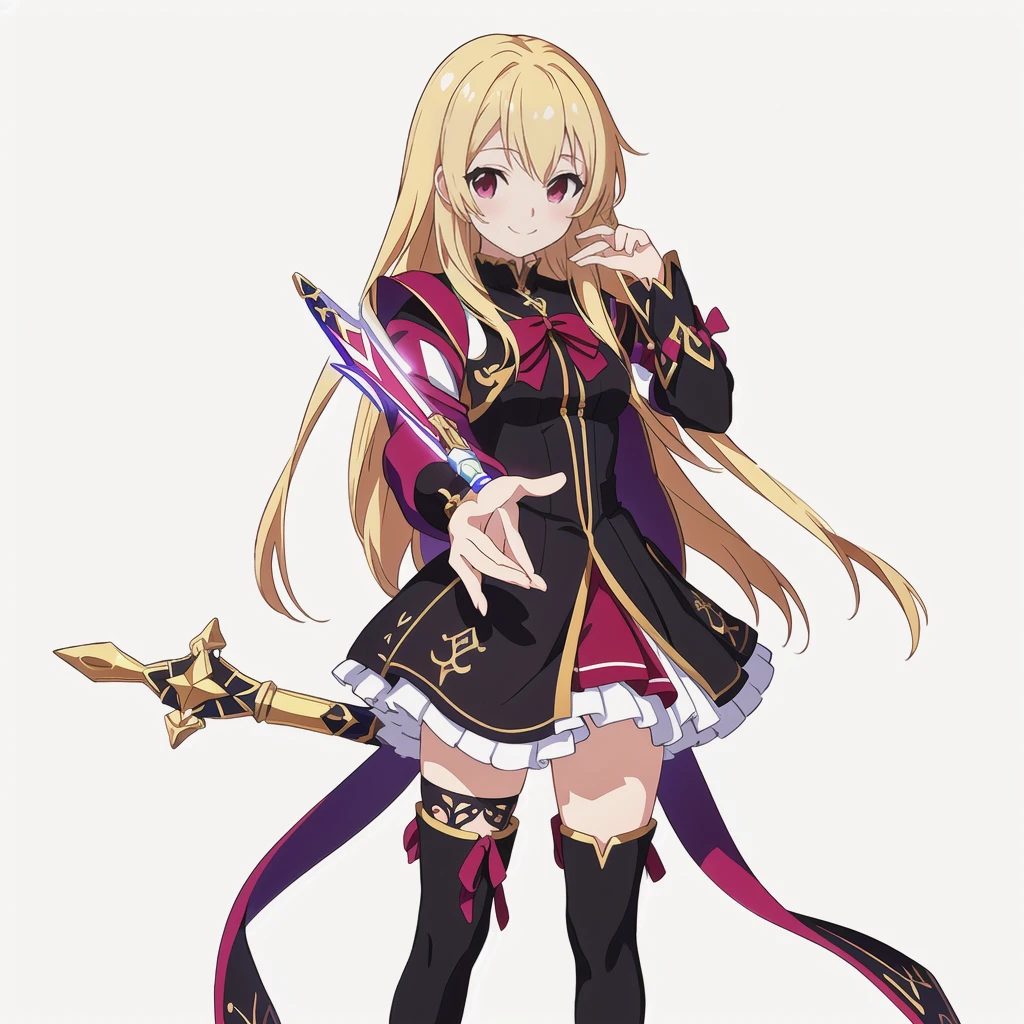 Highest quality, high resolution, High quality anime art style, Official Art, Smooth anime CG art, Stylized anime, Cute 3D anime girl render, Visual Novel Sprites, White background, whole body, Anime-style 3D, Smooth anime CG art, humanoid woman, JRPG Characters, Magical Girl Style, Anime woman in a black dress with maroon ribbon, Blonde, Long Hair, smile, Holding an ornate magic wand in his right hand, Small Bust, Small breasts, 15 years old,