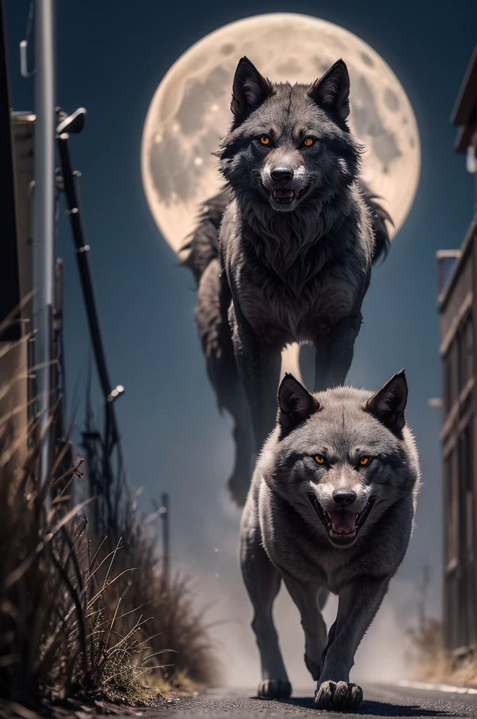 I want a photo of the werewolf on Belorin street he is known for his traditional werewolf gray coat red eyes sharp teeth like a traditional werewolf but he will be big and big with scars because he runs away from the police and he goes and the scene will be on a road of land in the field he howling at the full moon this will be in the photo