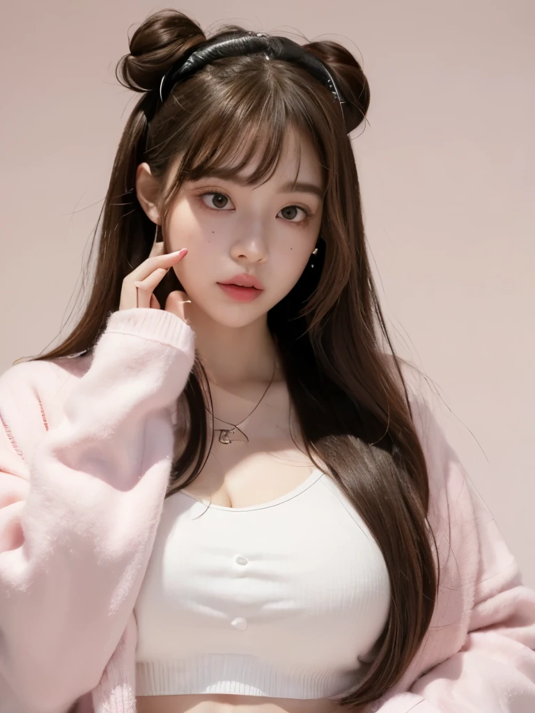 Kim Jennie with white brown hair, with curlers at the ends, with two bows on each side of the hair, all her hair white brown, with a star clip in her white brown hair, light colored eyes, pretty eyes, crying eyes, pretty, upturned nose, watery nose, Pretty lips, pink lips, heart and cupid shaped lip, pretty skin, pale, White skin, with moles and freckles all over his face, soft pink blush on the cheeks, natural pink blush, soft pink makeup, Jennie, nice neck, marked collar, frown, tender look, with a kiss necklace, a pretty kiss necklace, similar to Yumeko Jabami, while wearing a Crochet YK2, woolen, with a YK2 style brown mini skirt, while wearing a jacket with bear prints, while having a bare abdomen, Delgado, marked and pretty, (big breasts, soft breasts, nice breasts), while she is cosplaying the character Yumeko Jabami, The anime Kakegurui, While he is with a nice friend boy,  looking to the camera