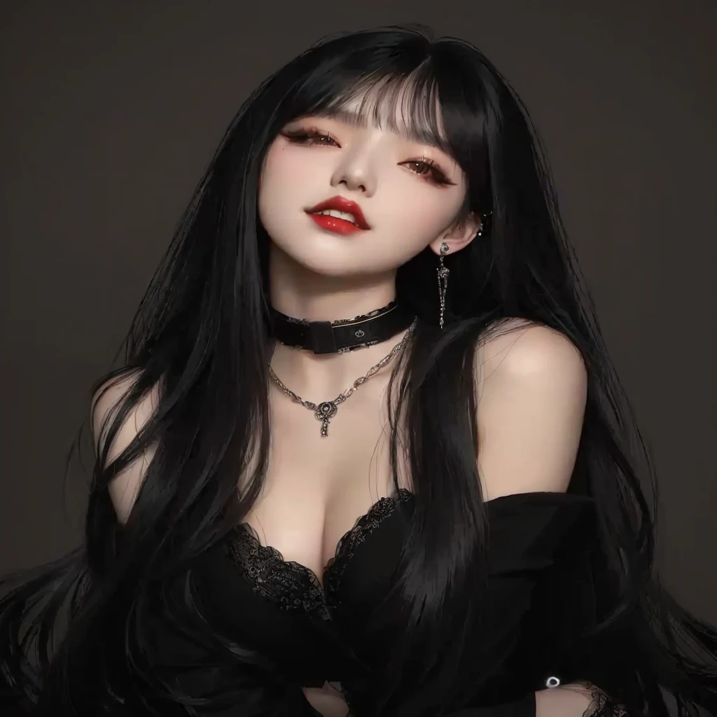 a woman with long black hair and a choke is posing for a picture, with long hair and piercing eyes, cruel korean goth girl, artwork in the style of guweiz, long black hair with bangs, 1 7 - year - old anime goth girl, anime girl wearing a black dress, seductive anime girl, anime girl with long hair