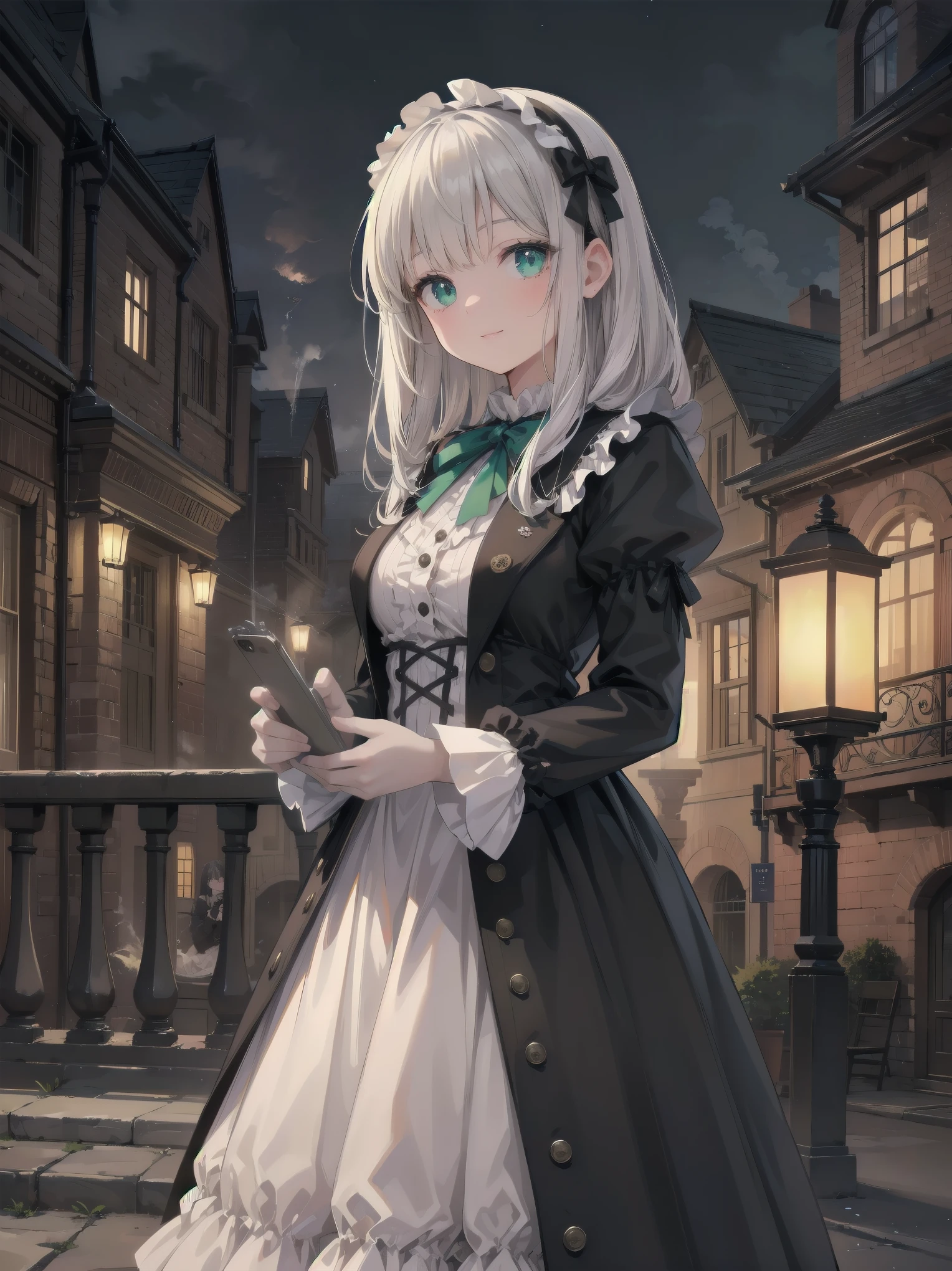 (Highest quality、16K、masterpiece、Ultra-high resolution、Victorian era、Photorealistic:1.2)、A delicate ta girl, aged 13, stands on a castle balcony at dusk, surrounded by the city's skyline and steampunk contraptions. Her platinum hair is messy, framing her androgynous charm. She wears a flowing white dress with a light green tie and holds a pocket watch in hand. A subtle smile plays on her lips as she gazes out at the night view, her eyes shining like sapphires. The air is filled with steam spewing from pipes, adding to the surreal atmosphere. Her skin glows with an ultra-dense texture, and her fingers are full and detailed.