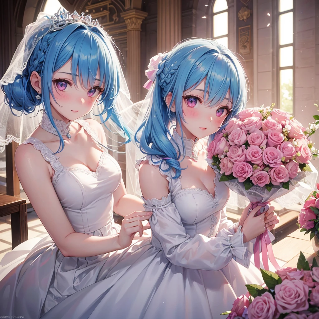 Sky blue hair, (Braided Ponytail),(Pink Eyes),Fair skin ,(whole body),(1 Girl),bride,blush,Straight bangs, 6月のbride,Wedding dress,(masterpiece, Highest quality, Very detailed, Best Shadow), (Detailed Background), (Beautifully detailed face), High Contrast, (Best lighting, Very delicate and beautiful), ((Cinematic Light)), colorful, Hyper Detail, Dramatic Light, Intricate details,Wedding hall,Bouquet of roses