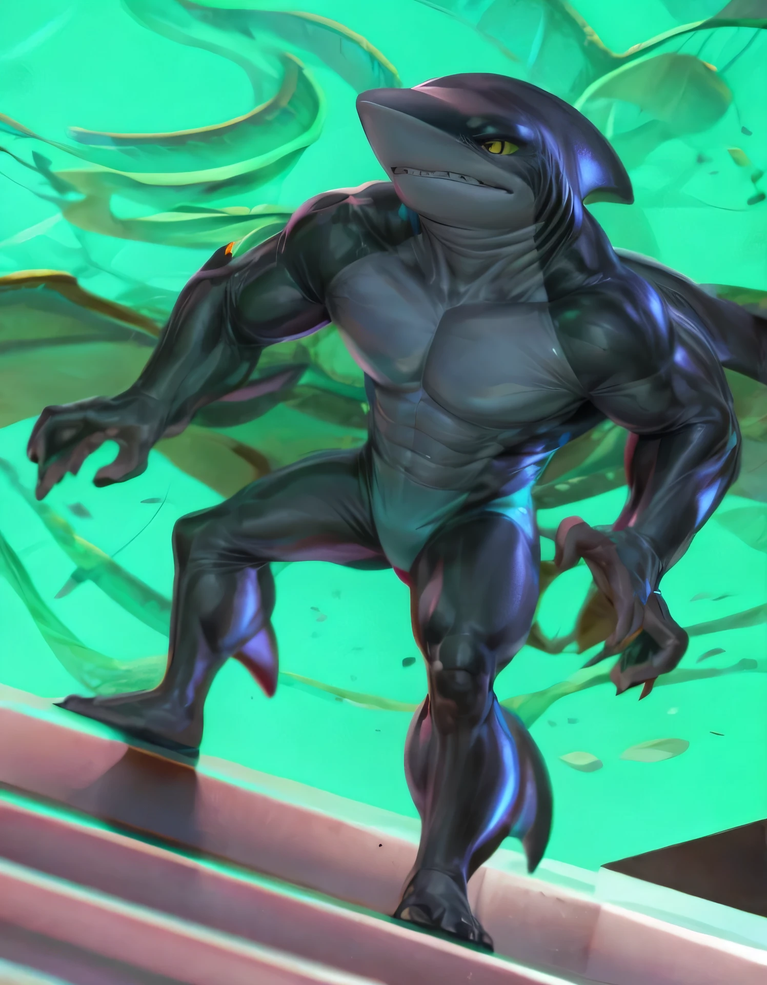 A humanoid shark creature stands tall,blue body with blue back pointed fins a dull gray in his belly tough, its yellow eyes gleaming with intensity as it showcases its sharp, clenched teeth. The male focus is centered on the subject's powerful physique, set against a vibrant, enhanced bright background that accentuates its otherworldly features. Art by TakahiroSi.cartoon style,detail full-body,detail hands,detail finger(4 fingers),4k,high_resolution,masterpiece,smooth soft body,balance muscle,((light-up character's dark-body)),((light-up background))

