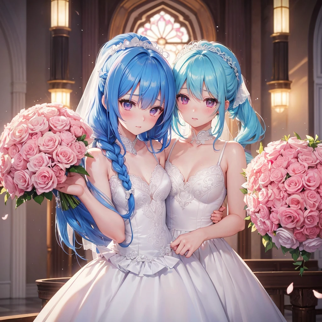 Sky blue hair, (Braided Ponytail),(Pink Eyes),Fair skin ,(whole body),(1 Girl),bride,blush,Straight bangs, 6月のbride,Wedding dress,(masterpiece, Highest quality, Very detailed, Best Shadow), (Detailed Background), (Beautifully detailed face), High Contrast, (Best lighting, Very delicate and beautiful), ((Cinematic Light)), colorful, Hyper Detail, Dramatic Light, Intricate details,Wedding hall,Bouquet of roses