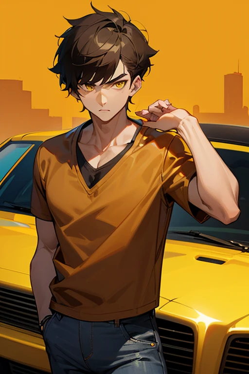 ,man,Age 25,handsome,black short hair,yellow eyes,
,Tiger print V-neck t-shirt,brown leather jacket,
,Long jeans,drive a car,boulevard,