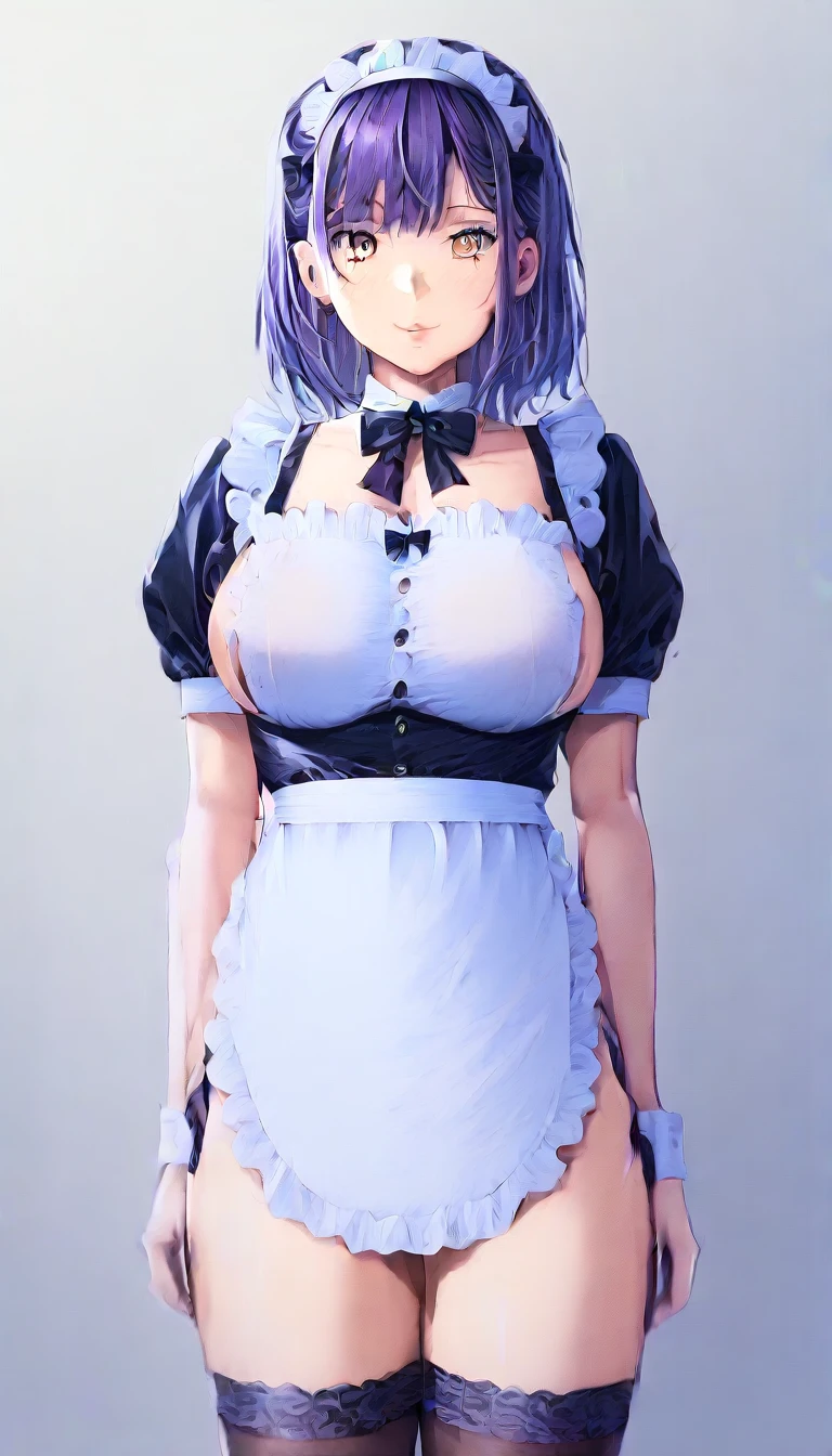 (masterpiece, best quality, ultra-detailed, high resolution, detailed eyes), takeda hiromitsu style, 1 girl(), (maid costume), solo, large breasts, looking at viewer, cowboy shot