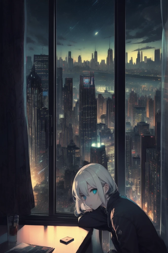 (masterpiece), Highest quality, Cyan eyes, Light grey hair, Expressive eyes, Jorhaya, Sitting in a high-rise apartment room, Night Sky, Cityscape, View your viewers, City lights, window, highlight, Dramatic Light, Calm face,