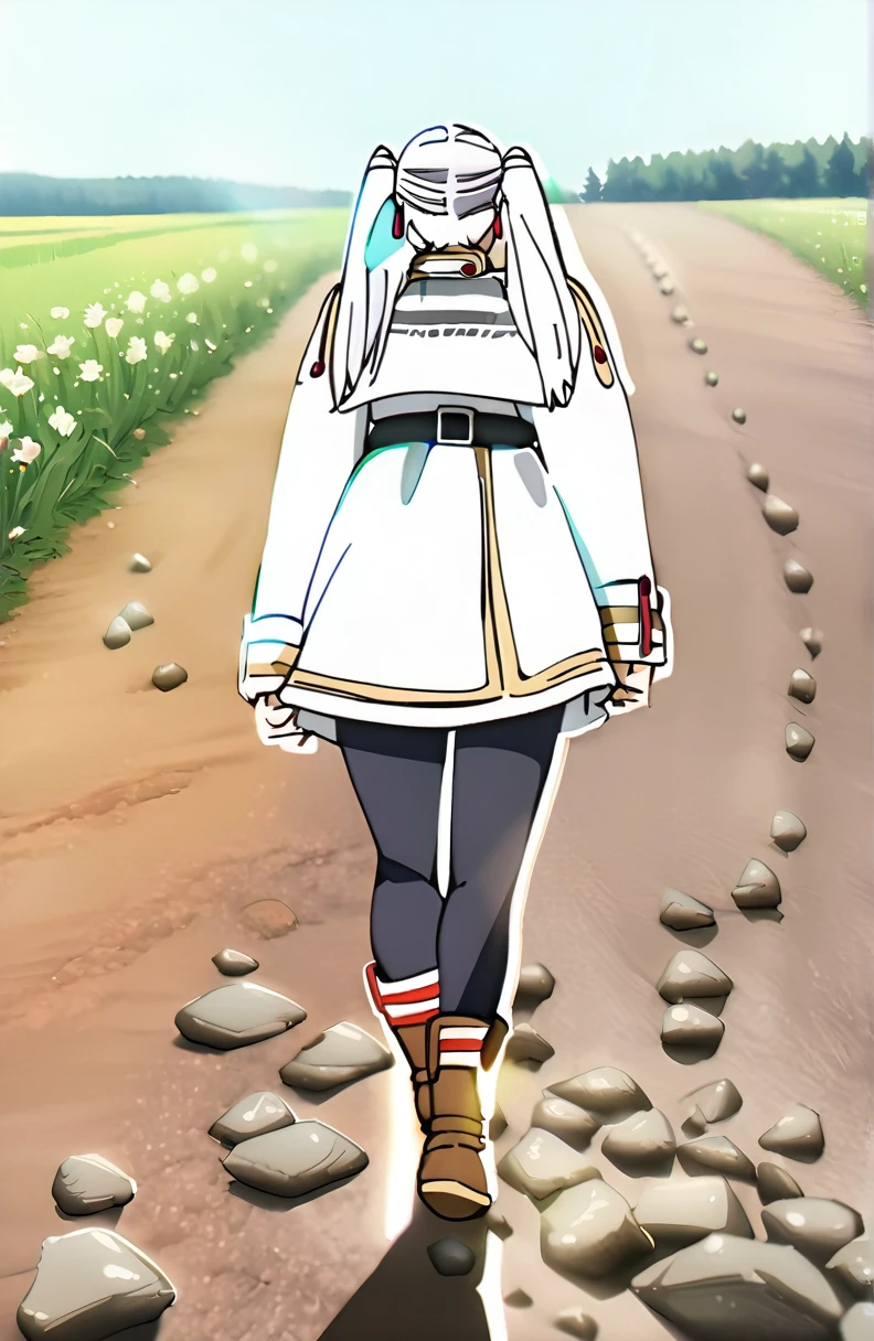 incredible quality, ultra detaild, work of art, movie poster.
1 imposing, confident and powerful adult woman, freeze, elf ears, gray hair, cabelo twintails, greeneyes, make-up, black mascara, ombre, Red Earrings, White jacket with buttons and dark yellow details, Striped shirt with black horizontal stripes, black belt, belt buckle, white skirt with dark yellow details to the knee, black pantyhose, brown boots, walking on a dirt road with small loose stones and in the background a green field with flowers, extremely detaild,