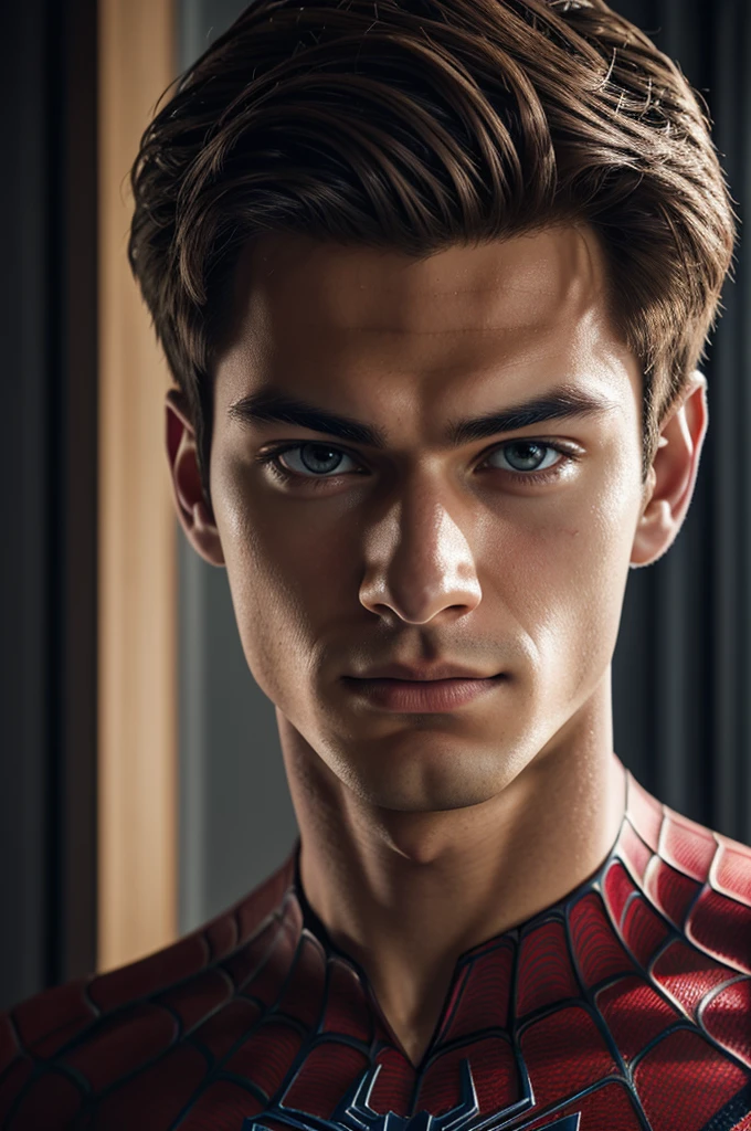 A photograph of spider man, no mask, 20 yo, handsome, detailed face, looking at camera, portrait, 8k uhd, high quality