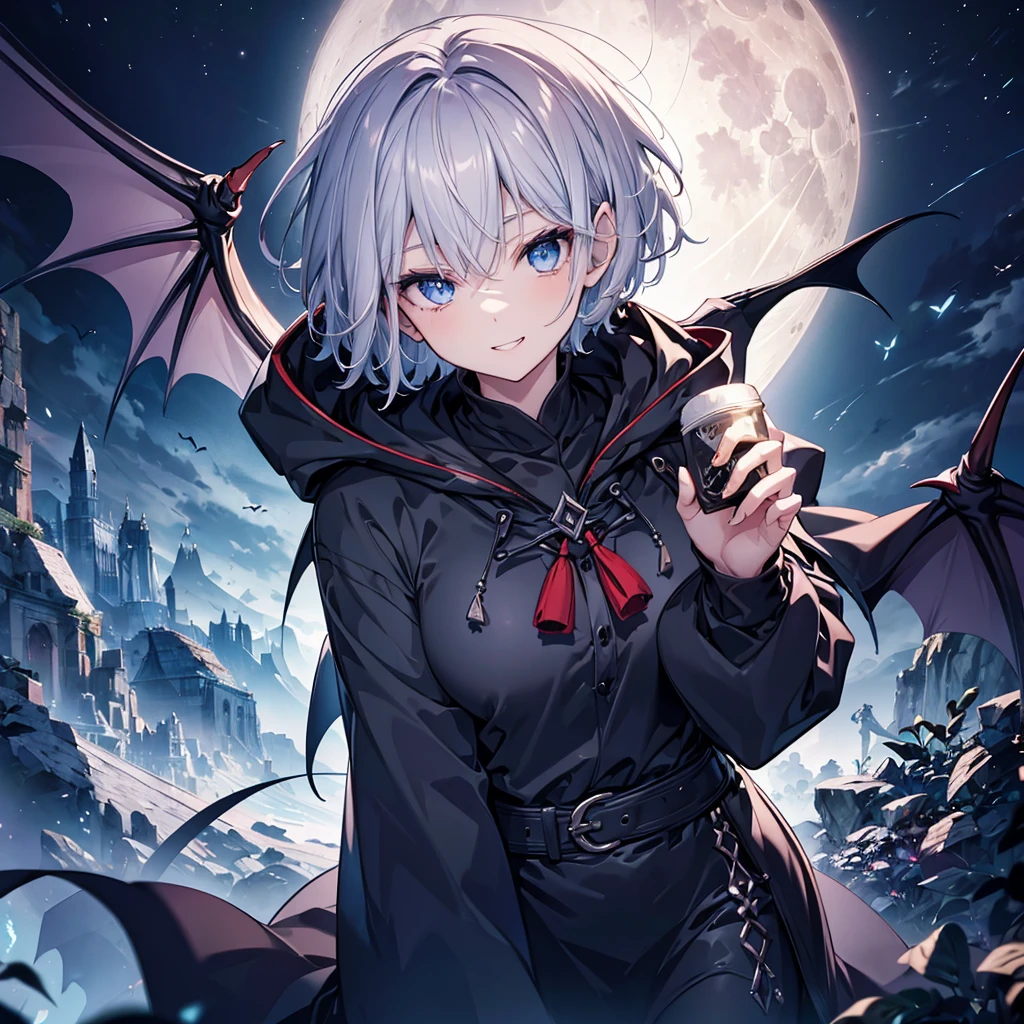 ((((vampire Inflammation)))) (((Gray Hair short hair blue eyes woman Center close-up))),((night full moon My own big wings)),(Wearing a hood Black camisole Purple light Wearing a cloak), Creepy Smile Showing teeth Shining Background Shining Edges