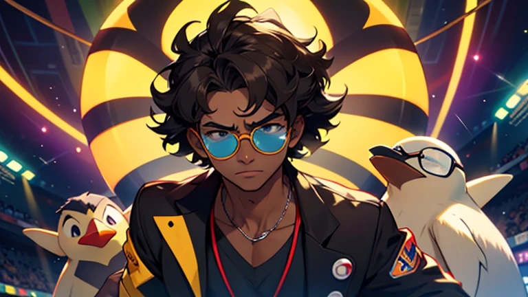 Pokémon master boy with brown skin tone and slightly curled hair and wearing glasses , in the middle of a pokemon arena full of colorful lights, he is very powerful and power comes from him, your face is confident and slightly irritated, he has a penguin pokemon with sunglasses.