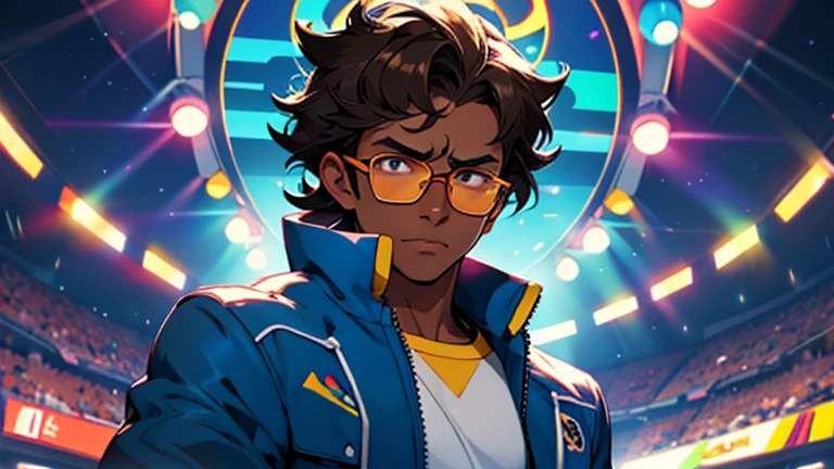 Pokémon master boy with brown skin tone and slightly curled hair and wearing glasses , in the middle of a pokemon arena full of colorful lights, he is very powerful and power comes from him, your face is confident and slightly irritated, he has a penguin pokemon with sunglasses.