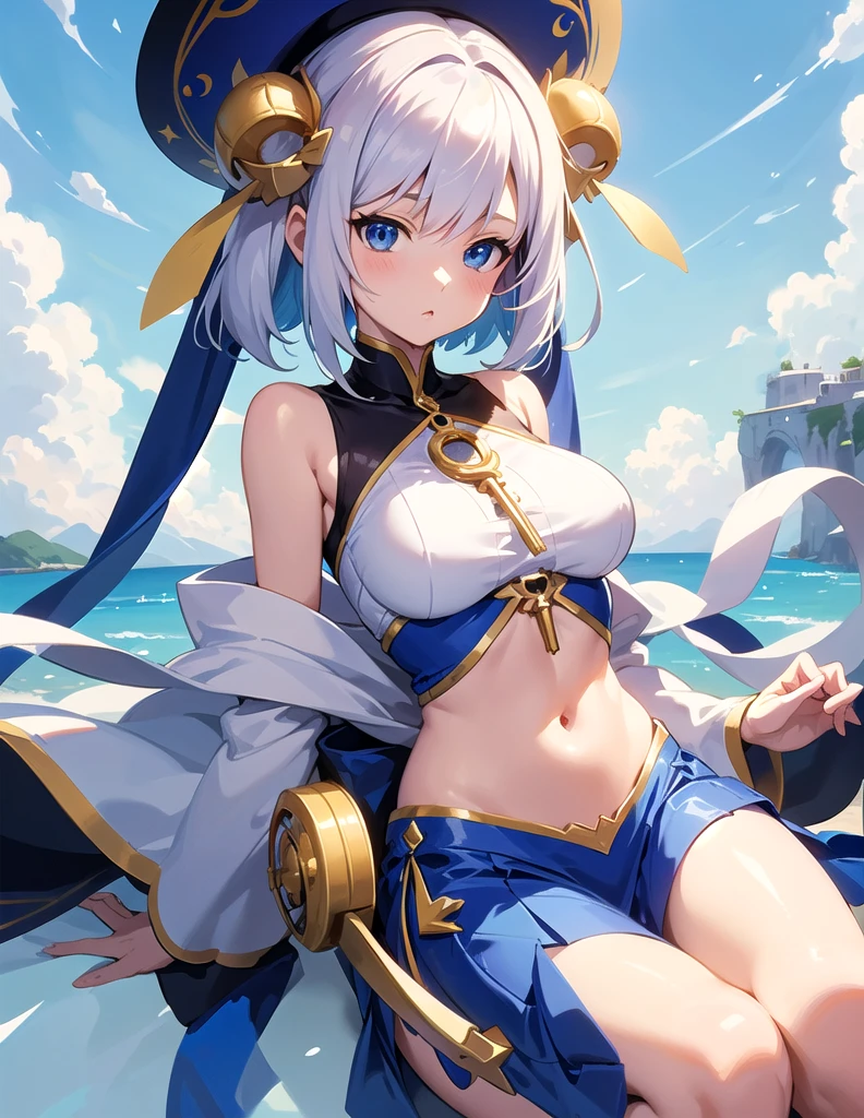 Anime character wearing blue and white clothes and hat, Azur route style, Kushat Krenz Key Women in Art, Blue Lane Anime Girl, Anime Goddess, Popular on artstation pixiv, pretty anime character design, Extremely detailed Artgerm, I will deny this, Cute anime girl in a beautiful skirt, White-haired deity