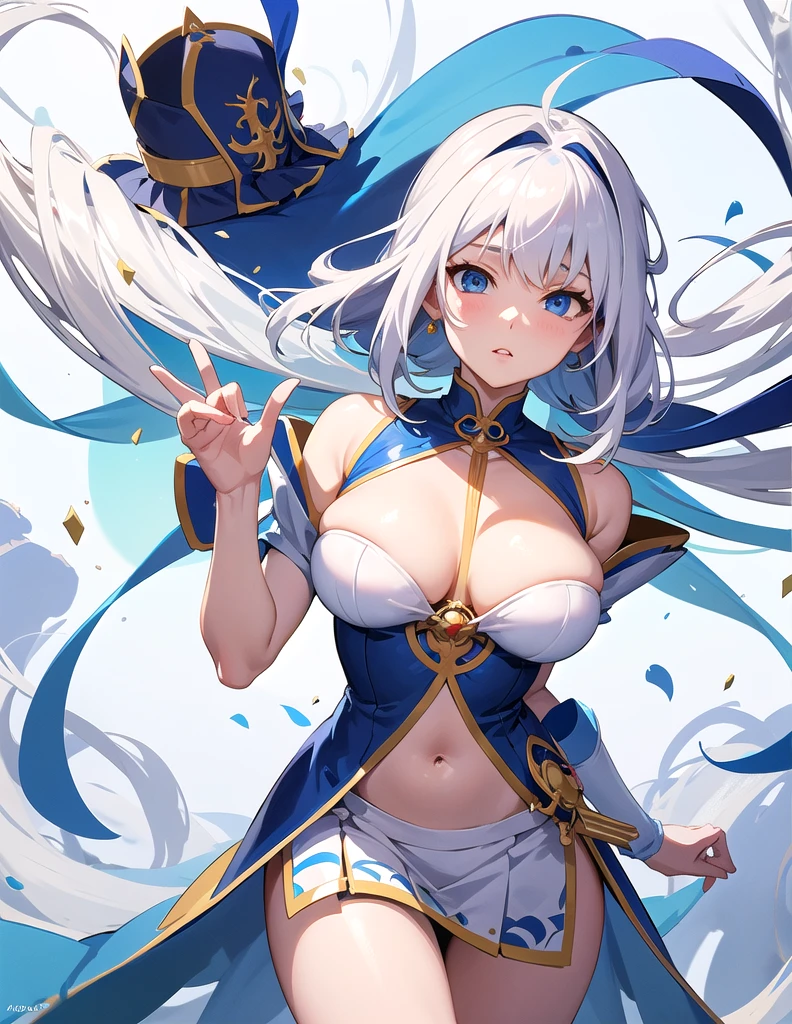 Anime character wearing blue and white clothes and hat, Azur route style, Kushat Krenz Key Women in Art, Blue Lane Anime Girl, Anime Goddess, Popular on artstation pixiv, pretty anime character design, Extremely detailed Artgerm, I will deny this, Cute anime girl in a beautiful skirt, White-haired deity