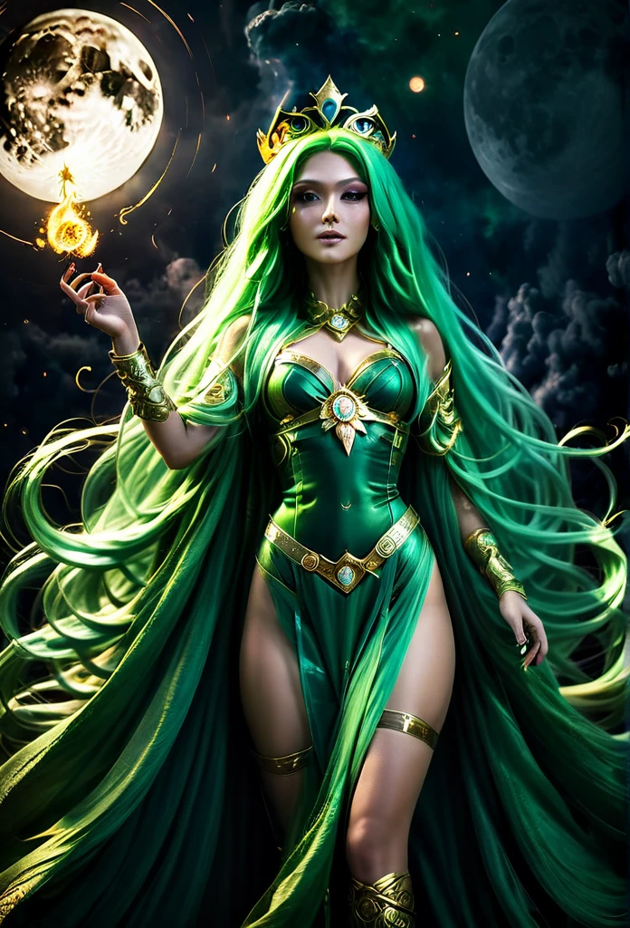 a tall lady goddess in perfect body, perfect face, perfect body, third eye in front-head, royal regalia-cloak, very long-green-neon hair, blowing hair, medusa head, one hand pointing the sky,high pose, tall legs, high heels, chakra-golden rays surrounded, mystical aura, ethereal, wind element, death massive-flames in background, dark moon, unreal engine, cinema art photographic, cinematic motion picture, 8k, super detailed, bottom view, bottom camera angle