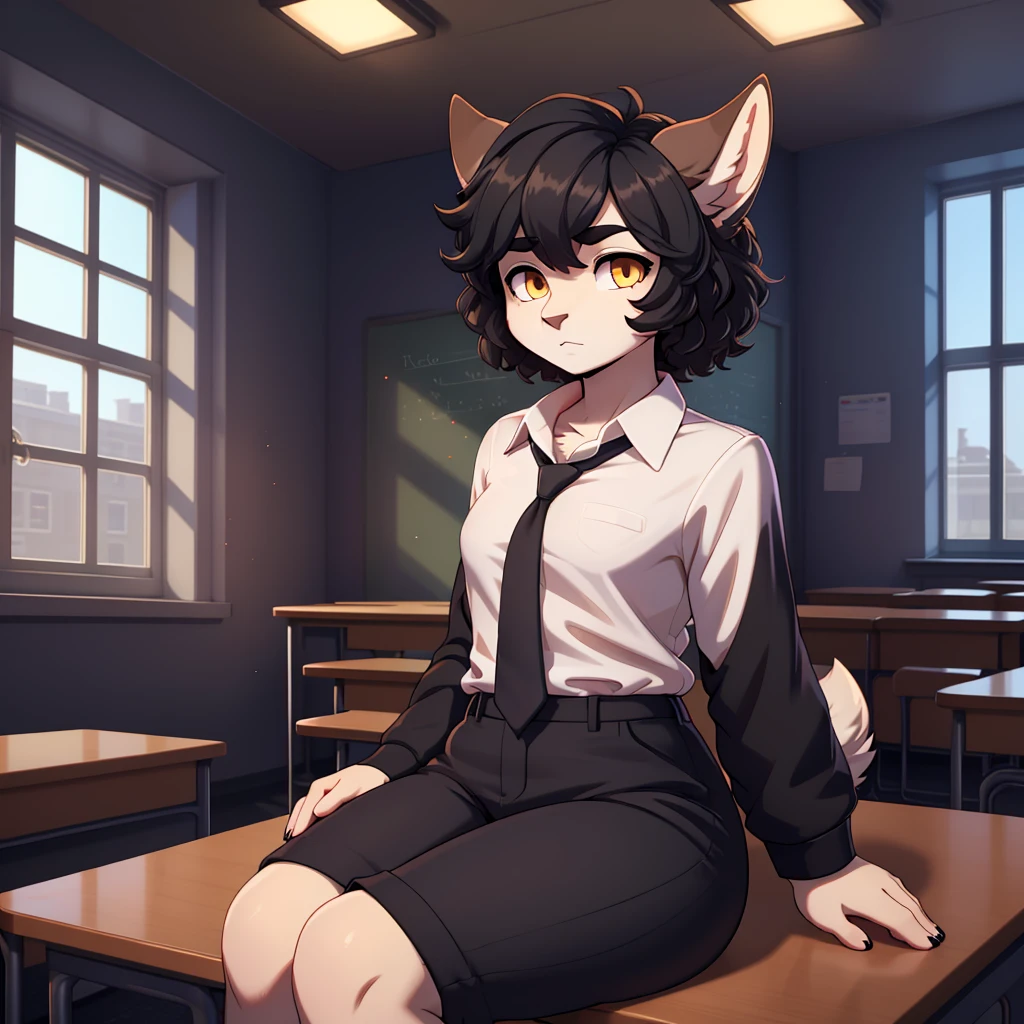 (masterpiece), (best quality), (high res) (solo), (perfect anatomy) (perfect face), wolf and sheep hybrid, (black hair), (black wool), (curly short hair), fair skin, ambiguous gender, (1boy1girl), flat chest, wide hips, thick thighs, (school uniform) (black pants), (black jacket with red lights), (white shirt), yellow glowing in the dark eyes, serious, androgynous, (long eyebrows), in a school room, distracted, seated, looking at a window, ignoring the viewer