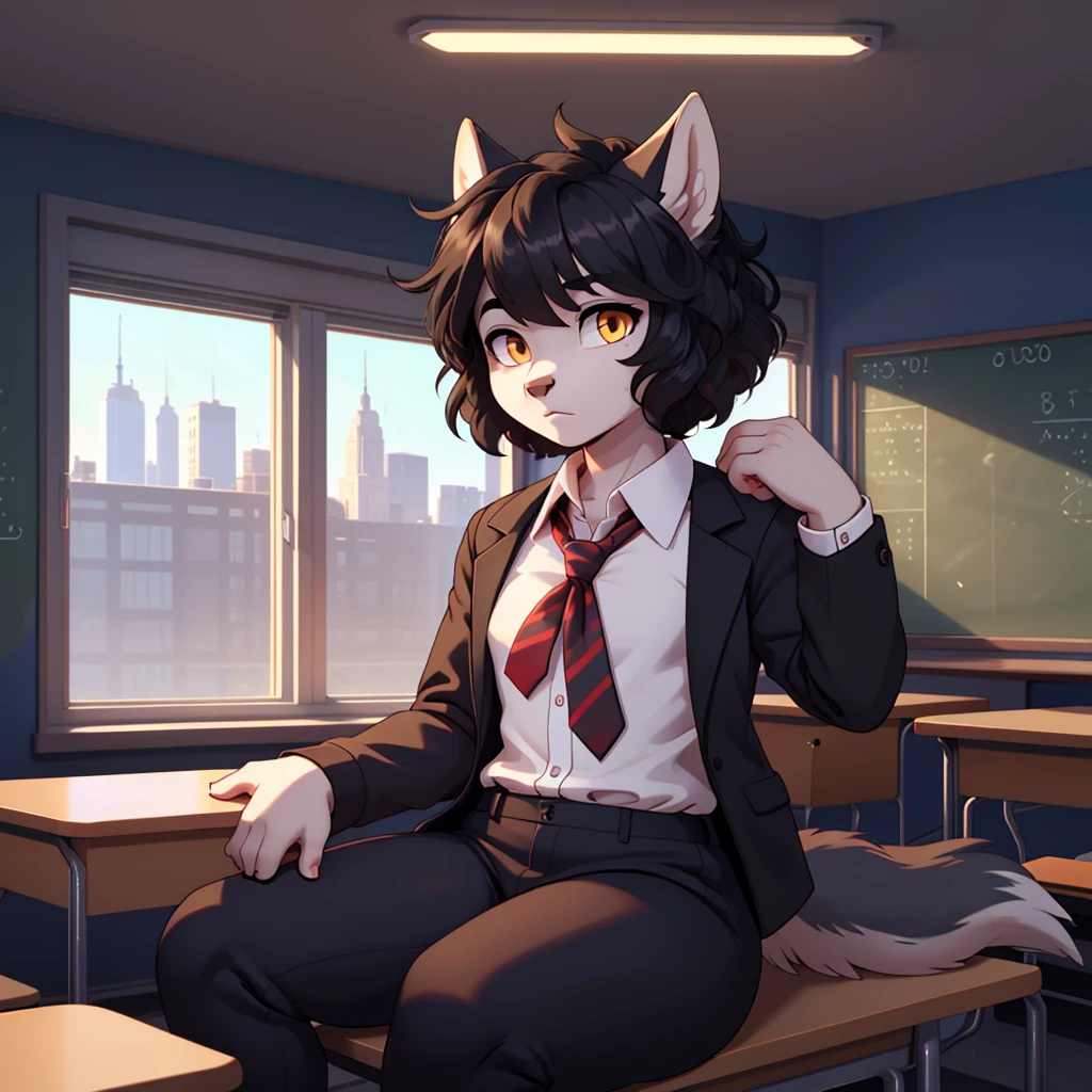 (masterpiece), (best quality), (high res) (solo), (perfect anatomy) (perfect face), wolf and sheep hybrid, (black hair), (black wool), (curly short hair), fair skin, ambiguous gender, (1boy1girl), flat chest, wide hips, thick thighs, (school uniform) (black pants), (black jacket with red lights), (white shirt), yellow glowing in the dark eyes, serious, androgynous, (long eyebrows), in a school room, distracted, seated, looking at a window, ignoring the viewer