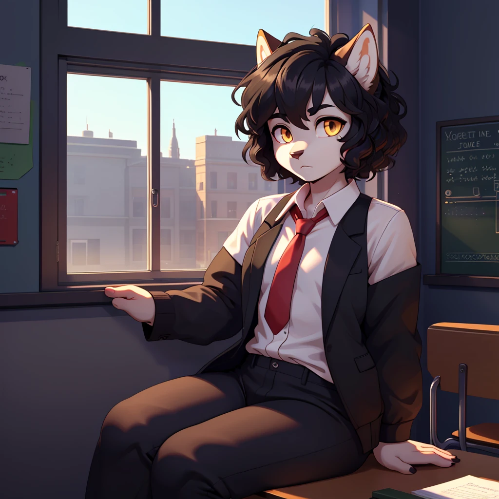 (masterpiece), (best quality), (high res) (solo), (perfect anatomy) (perfect face), wolf and sheep hybrid, (black hair), (black wool), (curly short hair), fair skin, ambiguous gender, (1boy1girl), flat chest, wide hips, thick thighs, (school uniform) (black pants), (black jacket with red lights), (white shirt), yellow glowing in the dark eyes, serious, androgynous, (long eyebrows), in a school room, distracted, seated, looking at a window, ignoring the viewer