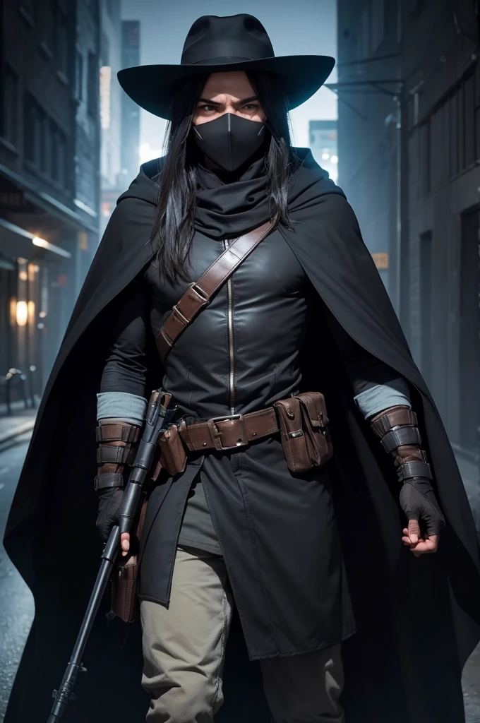 Make a nighttime vigilante with a hat, cape and tactical costume. On your face, make a smooth black mask covering your entire face.