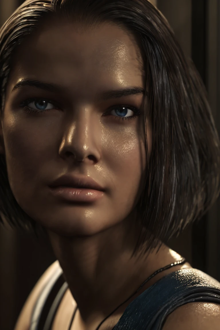 a masterpiece portrait of jill valentine from re3 remake, beautiful detailed blue eyes, detailed brown hair in long bob hairstyle, oval face, woman sitting on a bed looking out the window of a city, dirt stains, (best quality,4k,8k,highres,masterpiece:1.2),ultra-detailed,(realistic,photorealistic,photo-realistic:1.37),HDR,UHD,studio lighting,ultra-fine painting,sharp focus,physically-based rendering,extreme detail description,professional,vivid colors,bokeh, bangs straight behind the ear:1.1, frontal pose