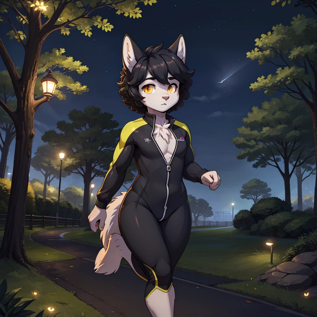 (masterpiece), (best quality), (high res) (solo), (perfect anatomy) (perfect face), wolf and sheep hybrid, (black hair), (black wool), (curly short hair), fair skin, ambiguous gender, (1boy1girl), flat chest, wide hips, thick thighs, (full body black training suit), yellow glowing in the dark eyes, focused, androgynous, (long eyebrows), Jogging in a park
