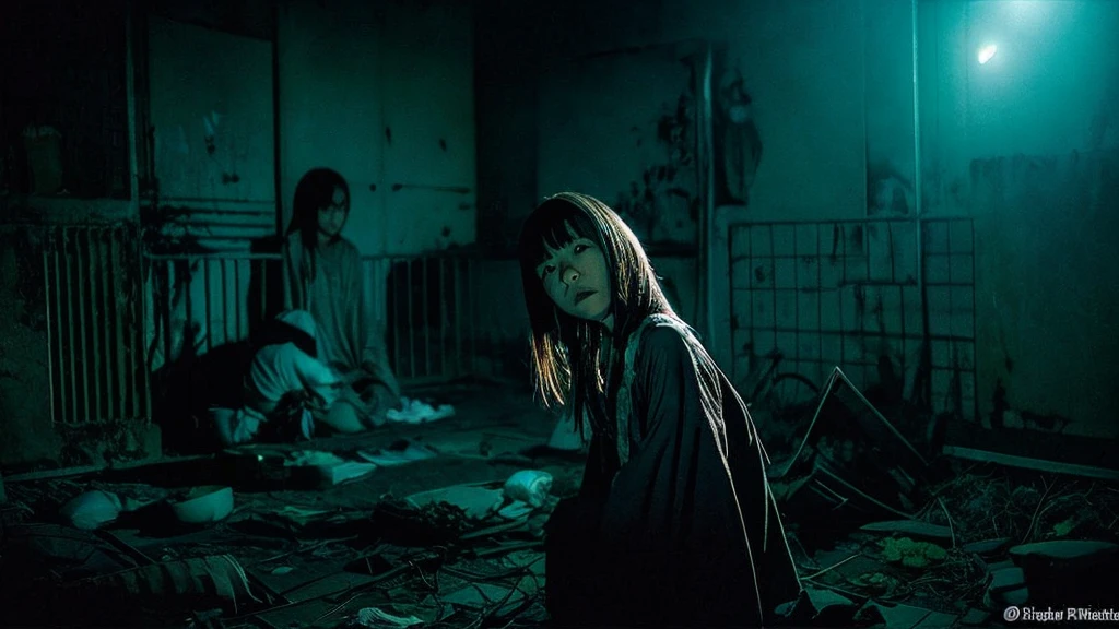 Late night with no lights、Zoom in on face、Spooky Japanese Ghosts、ruins、Apparition、gloomy、Photorealistic、movie