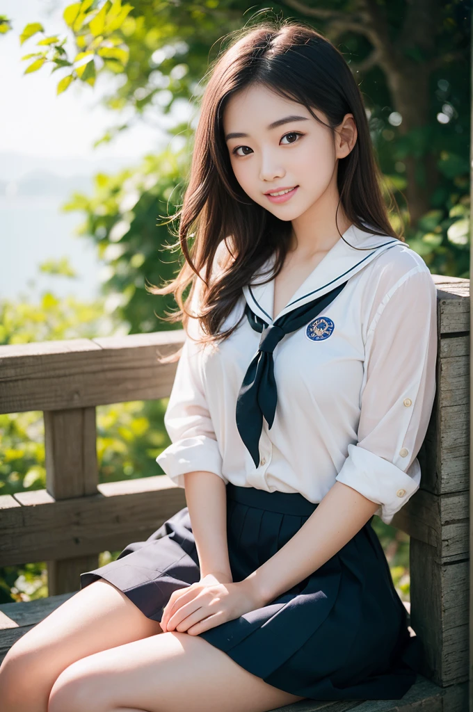 Pure Japanese school girl, no makeup, thick eyebrows, wearing uniforms, natural hair styles, pure smile, natural body, shiny white skin, refreshing in early summer morning sunlight, feeling soft breeze in hair, sitting and relaxing, little bit sexy mood, professional portrait photography, film photography, 35mm negative film, 