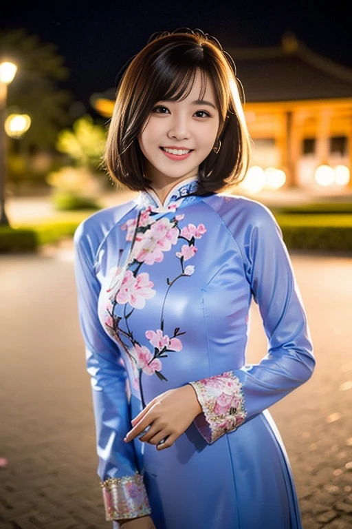 (a gorgeous lady, age 18, Vietnamese traditional dress Ao Dai, posing at Takada Castle Park Cherry Blossom, under night sky, friendly expression, dimpled smile, cute snaggle-tooth, bob cut with bangs, beautiful detailed face, beautiful detailed eyes, ample round bosom, photorealistic, hyper-realism, high contrast, ultra HD, realistic skin textures, top image quality, top-quality, super high resolution, fine details, very meticulously, masterpiece, head to knees, the Cowboy shot, romantic atmosphere, bokeh night background)