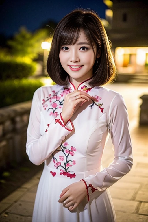 (a gorgeous Vietnamese lady, Youthful & feminine, Vietnamese traditional dress Ao Dai, posing at a peaceful village, Chinese garden under night sky,
Easygoing expression, very beautiful face, very detailed face, very detailed eyes, beautiful detailed eyes, dimples, kind smile, cute snaggle-tooth, short ponytail, short bob cut, bangs, ample round bosom, huge breasts,
Vivid colours, photorealistic, hyper-realism, high contrast, ultra HD, realistic skin textures, top image quality, top-quality, super high resolution, fine details, very meticulously, masterpiece, high_angle shot, full body shot, the Cowboy shot, romantic atmosphere, bokeh night background)