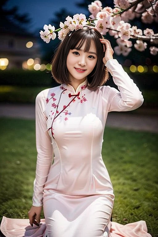 (a gorgeous lady, age 18, Vietnamese traditional dress Ao Dai, posing at Takada Castle Park Cherry Blossom, under night sky, friendly expression, dimpled smile, cute snaggle-tooth, bob cut with bangs, beautiful detailed face, beautiful detailed eyes, ample round bosom, photorealistic, hyper-realism, high contrast, ultra HD, realistic skin textures, top image quality, top-quality, super high resolution, fine details, very meticulously, masterpiece, head to knees, the Cowboy shot, romantic atmosphere, bokeh night background)