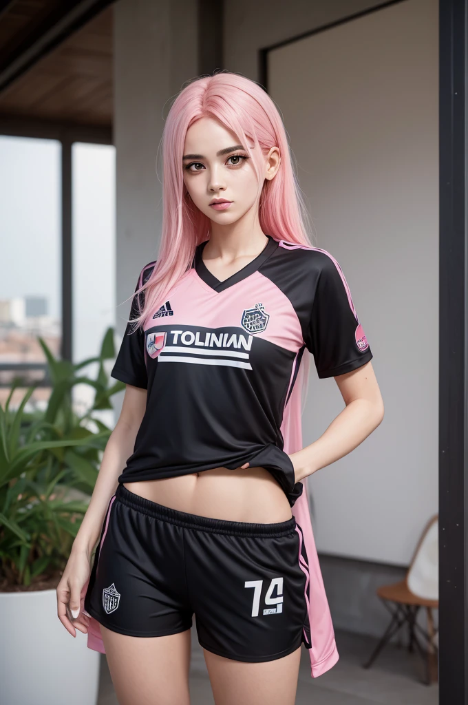 A character with the Corinthians shirt pink hair with black shorts Cach hair