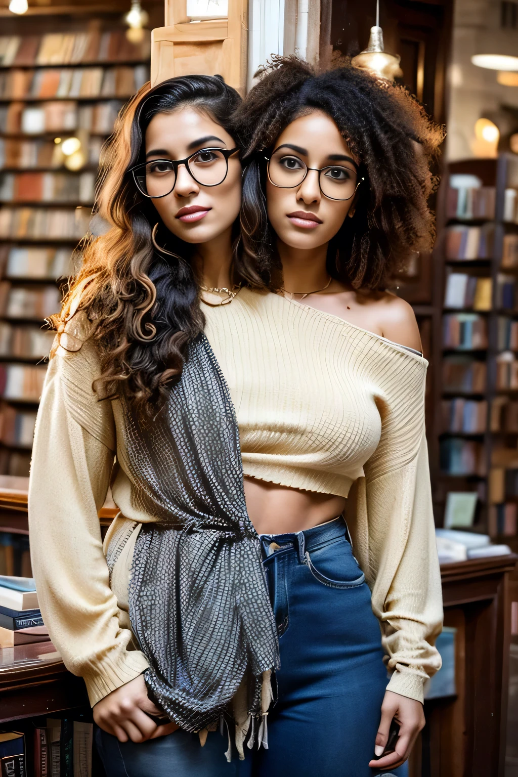 2heads, female couple, age 28, two heads on one body, one torso, hipsters, middle eastern, curly hair, hipster fashion, in bookstore,