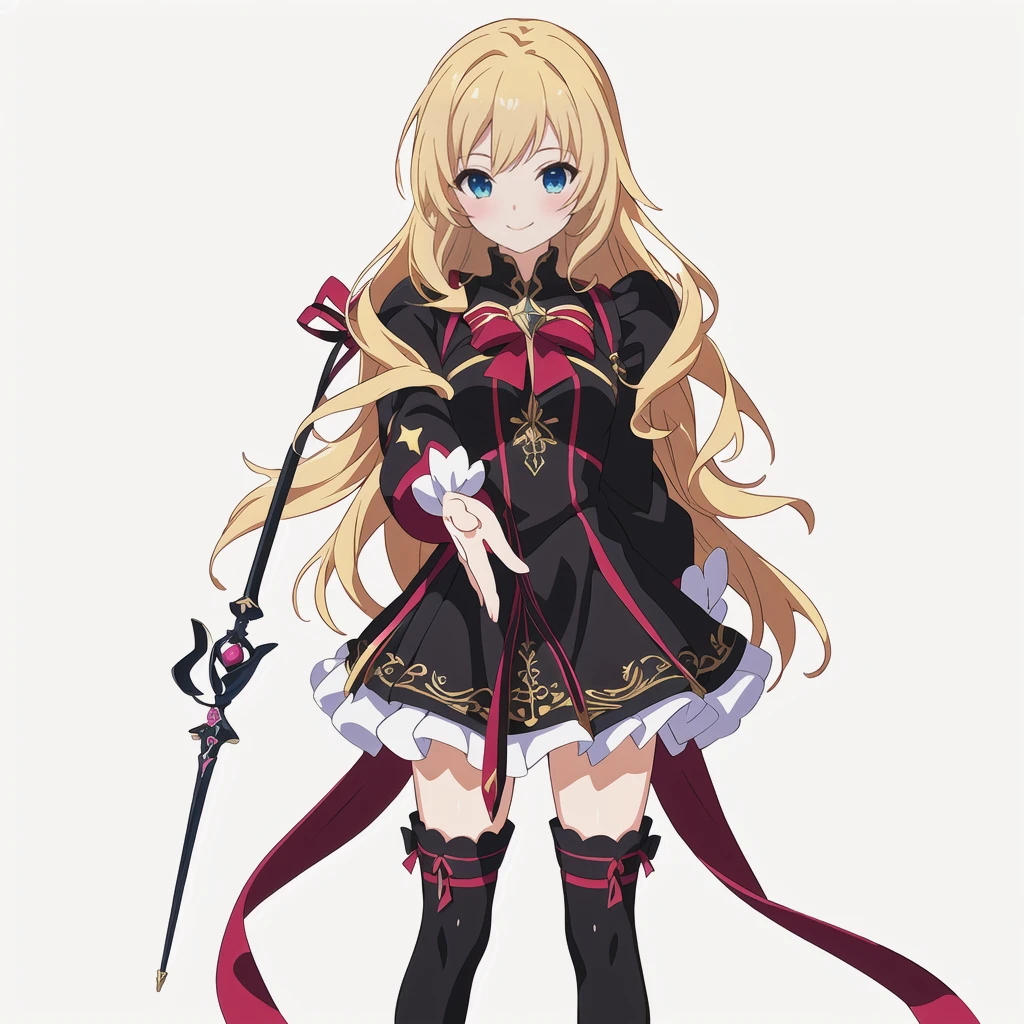 Highest quality, high resolution, High quality anime art style, Perfect hands,Perfect Fingers.Official Art, Smooth anime CG art, Stylized anime, Cute 3D anime girl render, Visual Novel Sprites, White background, whole body, Anime-style 3D, Smooth anime CG art, humanoid woman, JRPG Characters, Magical Girl Style, Anime woman in a black dress with maroon ribbon, Blonde, Long Hair, smile, Holding an ornate magic wand in his right hand, Small Bust, Small breasts, ,