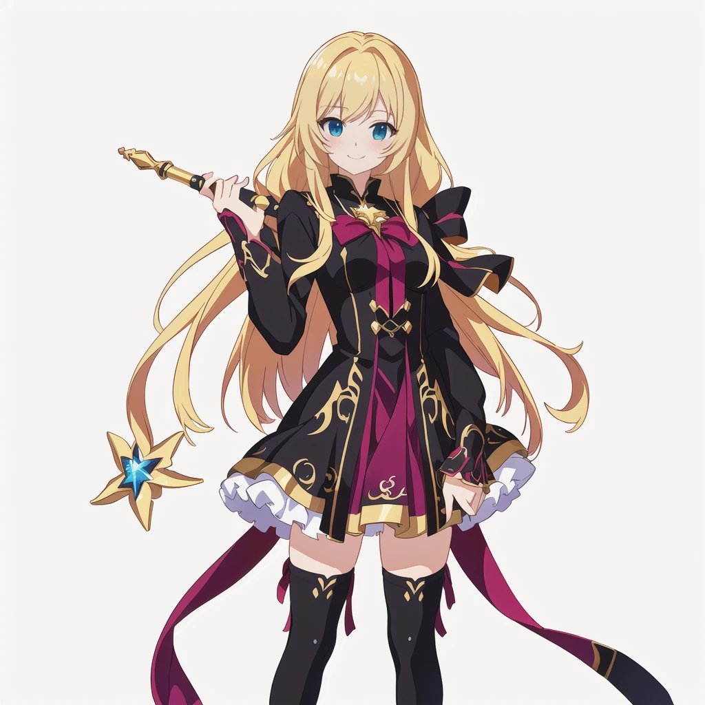Highest quality, high resolution, High quality anime art style, Perfect hands,Perfect Fingers.Official Art, Smooth anime CG art, Stylized anime, Cute 3D anime girl render, Visual Novel Sprites, White background, whole body, Anime-style 3D, Smooth anime CG art, humanoid woman, JRPG Characters, Magical Girl Style, Anime woman in a black dress with maroon ribbon, Blonde, Long Hair, smile, Holding an ornate magic wand in his right hand, Small Bust, Small breasts, 15 years old, 