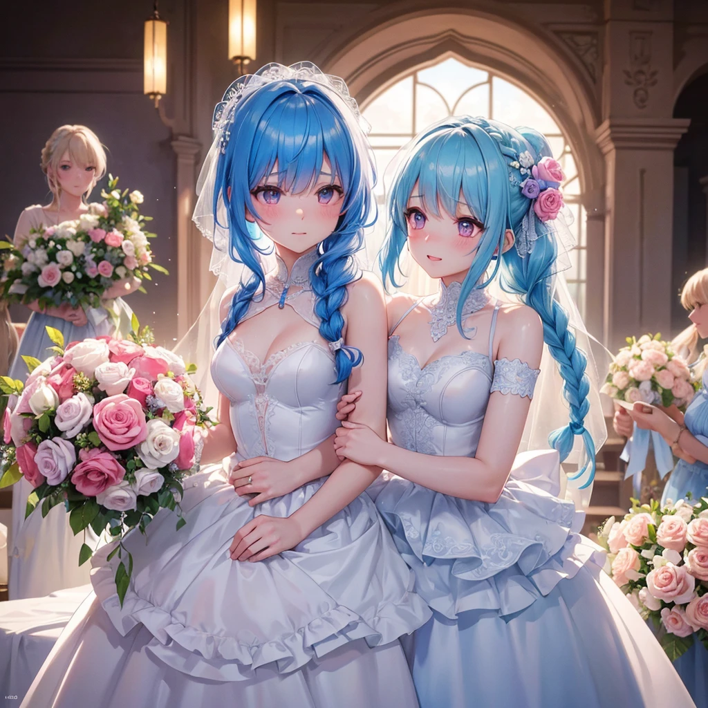 Sky blue hair, (Braided Ponytail),(Pink Eyes),Fair skin ,(whole body),(1 Girl),bride,blush,Straight bangs, 6月のbride,Wedding dress,(masterpiece, Highest quality, Very detailed, Best Shadow), (Detailed Background), (Beautifully detailed face), High Contrast, (Best lighting, Very delicate and beautiful), ((Cinematic Light)), colorful, Hyper Detail, Dramatic Light, Intricate details,Wedding hall,Bouquet of roses