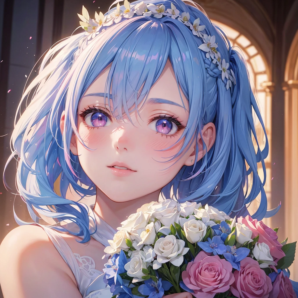 Sky blue hair, (Braided Ponytail),(Pink Eyes),Fair skin ,(whole body),(1 Girl),bride,blush,Straight bangs, 6月のbride,Wedding dress,(masterpiece, Highest quality, Very detailed, Best Shadow), (Detailed Background), (Beautifully detailed face), High Contrast, (Best lighting, Very delicate and beautiful), ((Cinematic Light)), colorful, Hyper Detail, Dramatic Light, Intricate details,Wedding hall,Bouquet of roses
